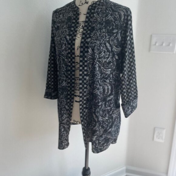 BOHO EMO BLACK & WHITE KIMONO BLOUSE 3/4 SLEEVE COLLARLESS SHAKET SZ 6 PREPPY - Picture 15 of 15